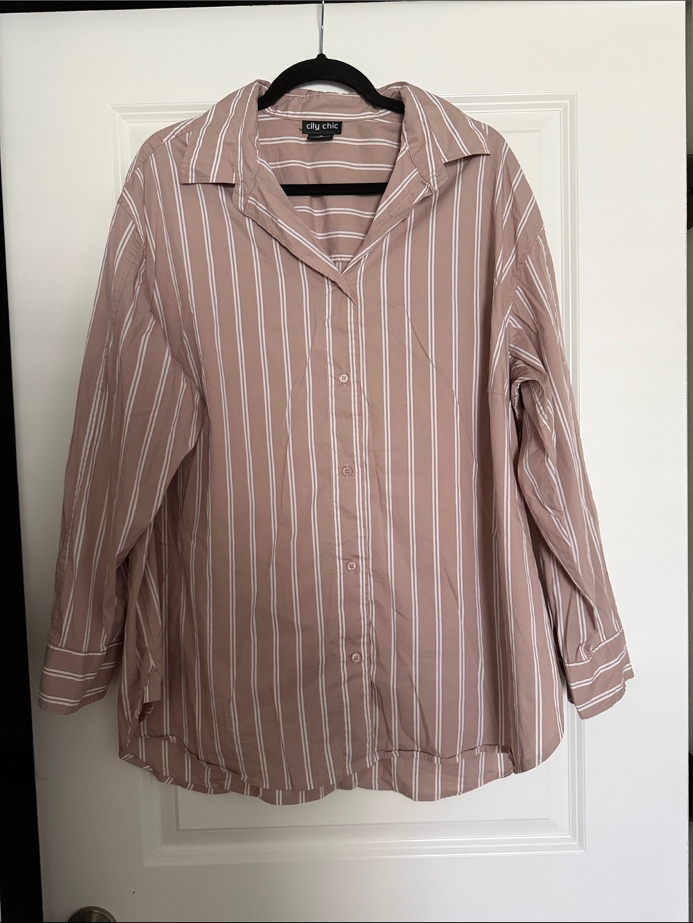 City Chic Taupe and White Striped Button-Down Shirt